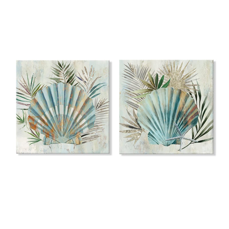 JAPO ART Turquoise Shell Pictures Modern Seashell with Tropical Palm Leaves Canvas Wall Art Coastal Wall Art for Bathroom Bedroom Livingroom Home Decorations 12x12Inchx2pcs - Image 1